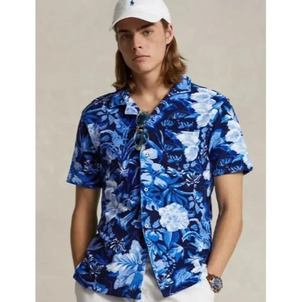 Polo Ralph Lauren Men's Camp Shirt Slim Fit Floral Blue Button Pocket Medium